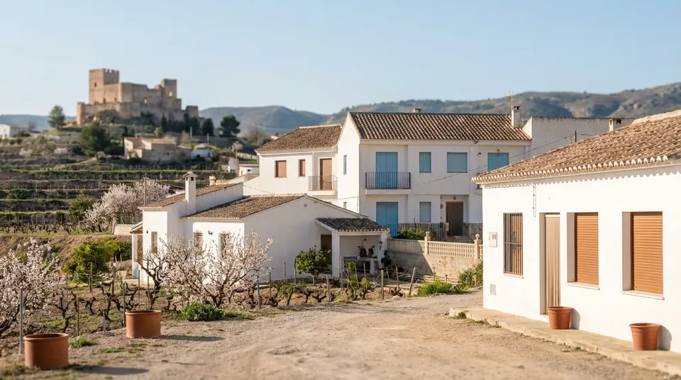 Casas blancas con persianas y almendros en flor bajo un castillo en el cerro
