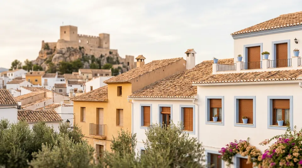 Casas de pueblo con persianas bajo un castillo en lo alto de la roca