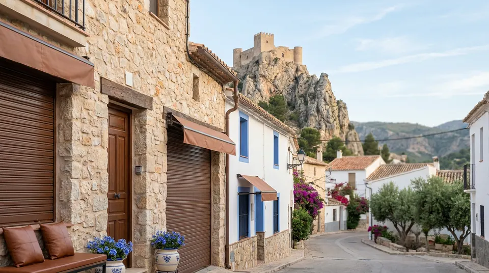 Casas de piedra con persianas enrollables y un castillo sobre la peña